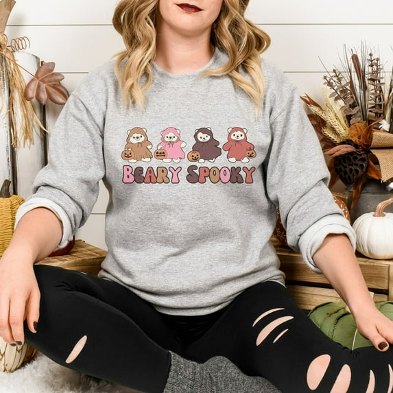 Beary Spooky Halloween Sweatshirt, Funny Halloween Shirt, Retro Spooky Season, Halloween Sweatshirt, Ghost Bear Sweatshirt, Pumpkin Sweater (Sizes:L; Colors:Sand;)