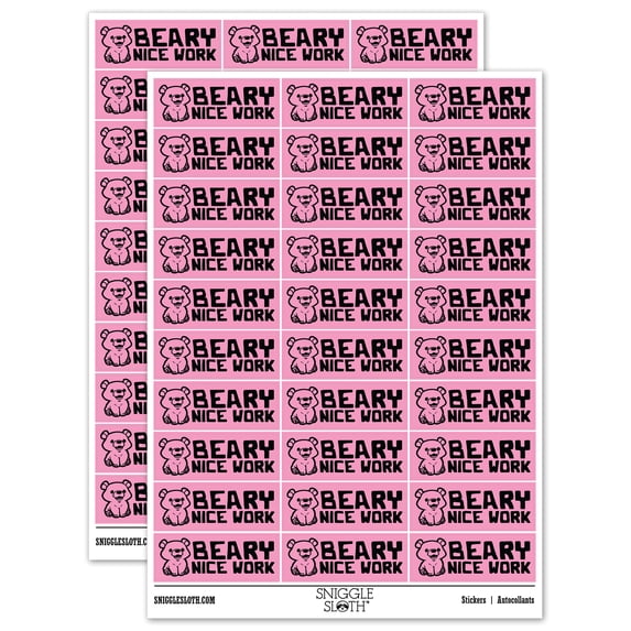 Beary Very Nice Work Teacher Student School Sticker Set - Light Pink - Gloss Finish - 1.75" Medium