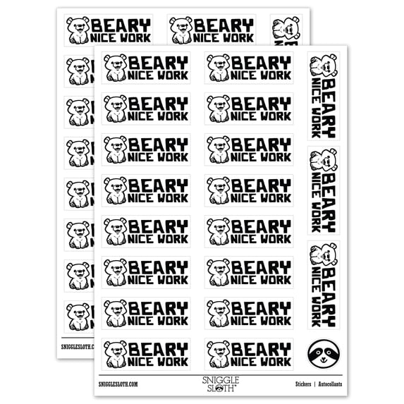 Beary Very Nice Work Teacher Student School Sticker Set - White - Gloss Finish - 2.00" Large