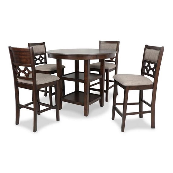 Beas 5 Piece Counter Dining Table, Chair Set, Cherry Brown, Beige Fabric