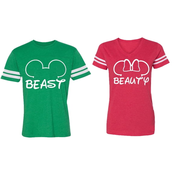 Beast Beauty Ear Matching Couple Cotton Jerseys (Men Green / Women Red) (Men XXL / Women XL)
