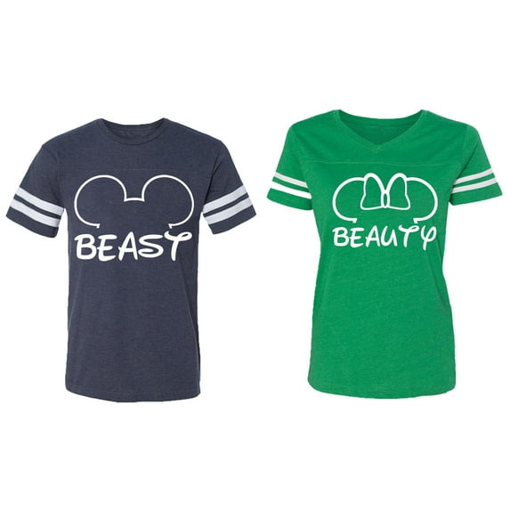 Beast Beauty Ear Matching Couple Cotton Jerseys (Men Navy / Women Green) (Men M / Women XXL)