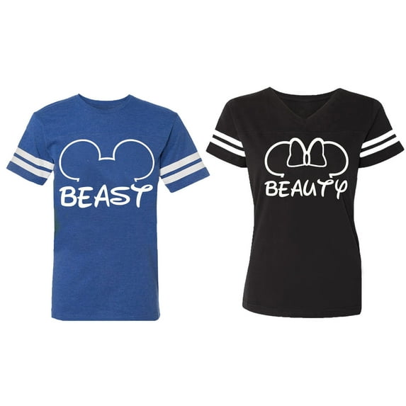 Beast Beauty Ear Matching Couple Cotton Jerseys (Men Royal / Women Black) (Men XXL / Women XL)