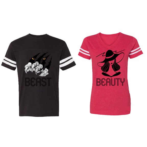 Beast Beauty Matching Couple Cotton Jerseys (Men Black / Women Red) (Men L / Women S)