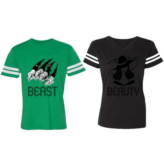 Beast Beauty Matching Couple Cotton Jerseys (Men Green / Women Black) (Men S / Women S)