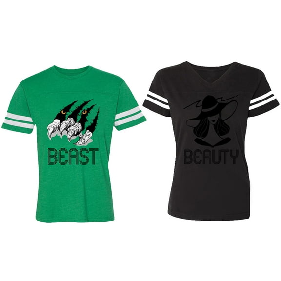 Beast Beauty Matching Couple Cotton Jerseys (Men Green / Women Black) (Men S / Women S)