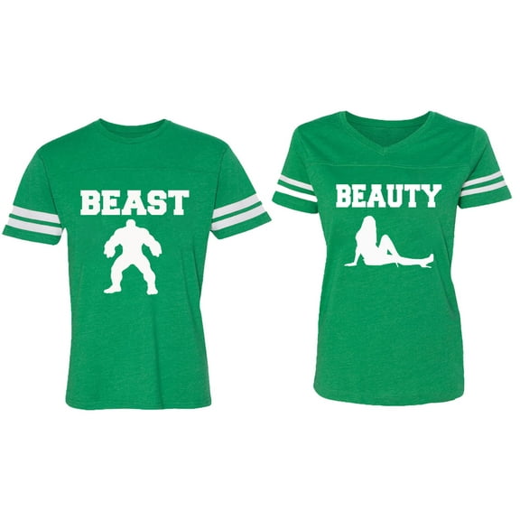 Beast Beauty Matching Couple Cotton Jerseys (Men Green / Women Green) (Men L / Women XXL)