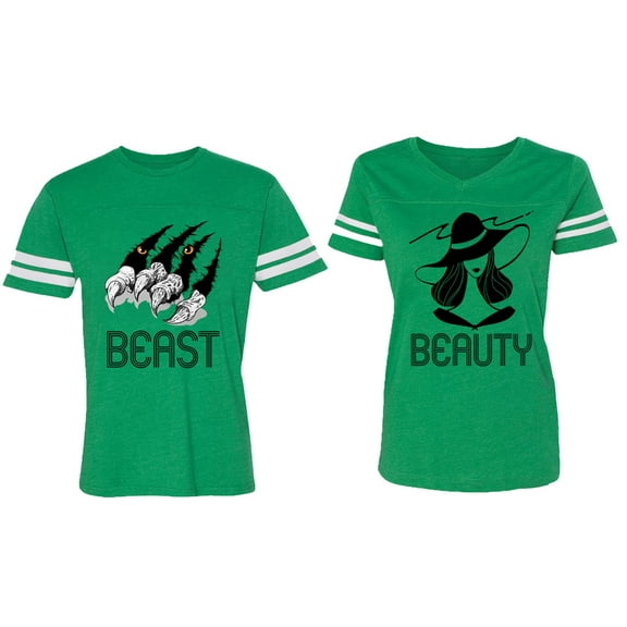 Beast Beauty Matching Couple Cotton Jerseys (Men Green / Women Green) (Men XL / Women L)