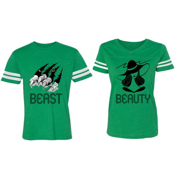 Beast Beauty Matching Couple Cotton Jerseys (Men Green / Women Green) (Men XXL / Women M)