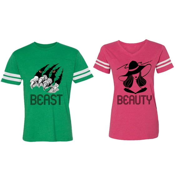 Beast Beauty Matching Couple Cotton Jerseys (Men Green / Women Pink) (Men XL / Women L)
