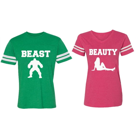 Beast Beauty Matching Couple Cotton Jerseys (Men Green / Women Pink) (Men XXL / Women S)