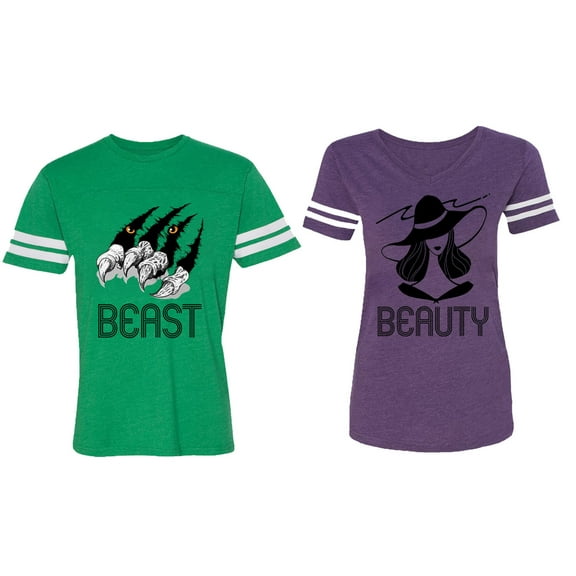 Beast Beauty Matching Couple Cotton Jerseys (Men Green / Women Purple) (Men XXL / Women S)