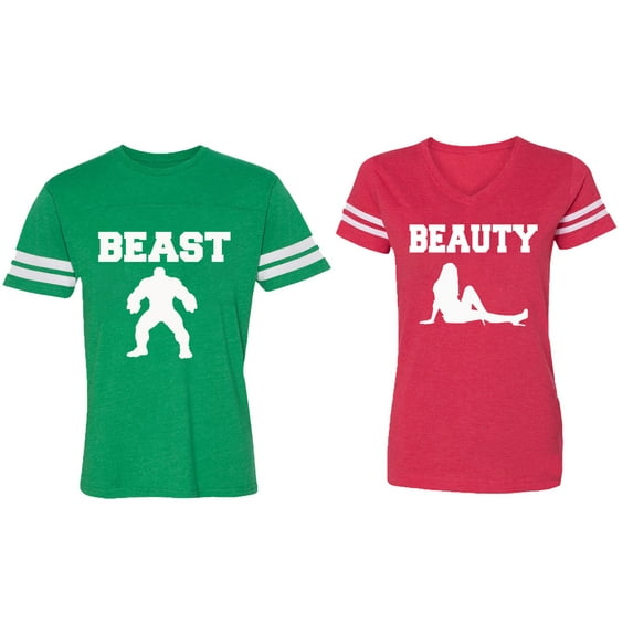 Beast Beauty Matching Couple Cotton Jerseys (Men Green / Women Red) (Men S / Women L)