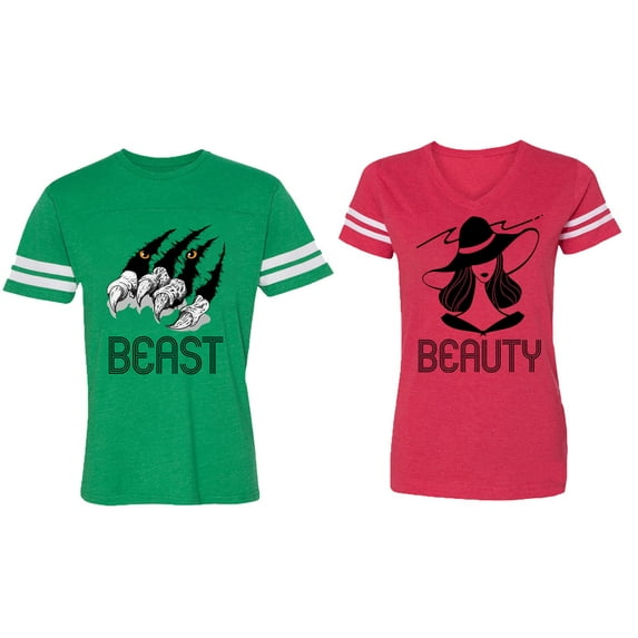 Beast Beauty Matching Couple Cotton Jerseys (Men Green / Women Red) (Men XL / Women XL)