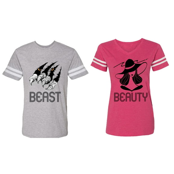 Beast Beauty Matching Couple Cotton Jerseys (Men Heather / Women Pink) (Men S / Women XL)