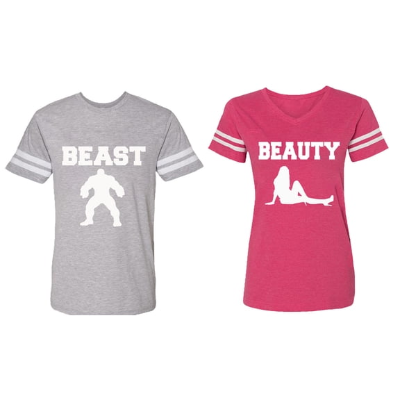 Beast Beauty Matching Couple Cotton Jerseys (Men Heather / Women Pink) (Men XL / Women XL)