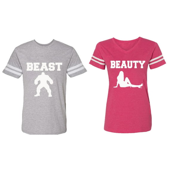 Beast Beauty Matching Couple Cotton Jerseys (Men Heather / Women Pink) (Men XL / Women XXL)