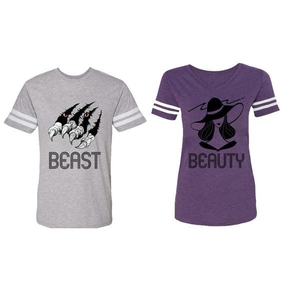 Beast Beauty Matching Couple Cotton Jerseys (Men Heather / Women Purple) (Men M / Women XL)