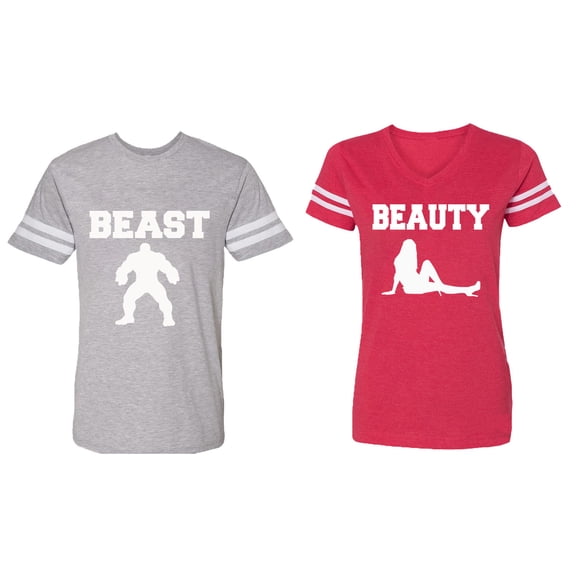 Beast Beauty Matching Couple Cotton Jerseys (Men Heather / Women Red) (Men XL / Women XXL)