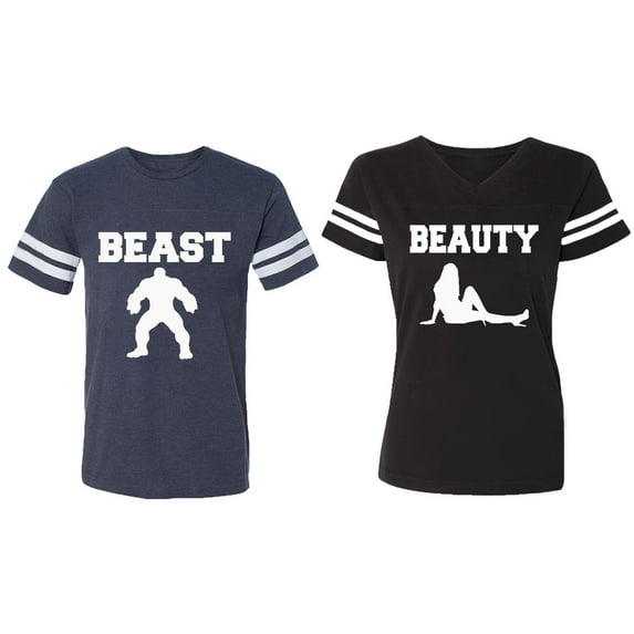 Beast Beauty Matching Couple Cotton Jerseys (Men Navy / Women Black) (Men S / Women M)