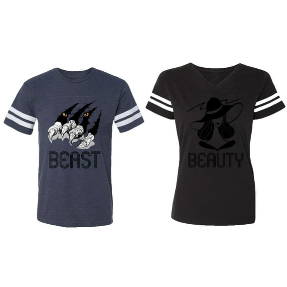 Beast Beauty Matching Couple Cotton Jerseys (Men Navy / Women Black) (Men XL / Women M)