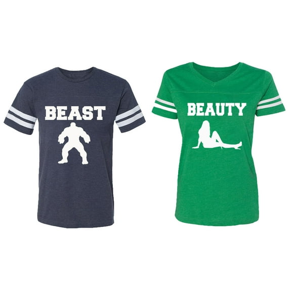 Beast Beauty Matching Couple Cotton Jerseys (Men Navy / Women Green) (Men M / Women L)