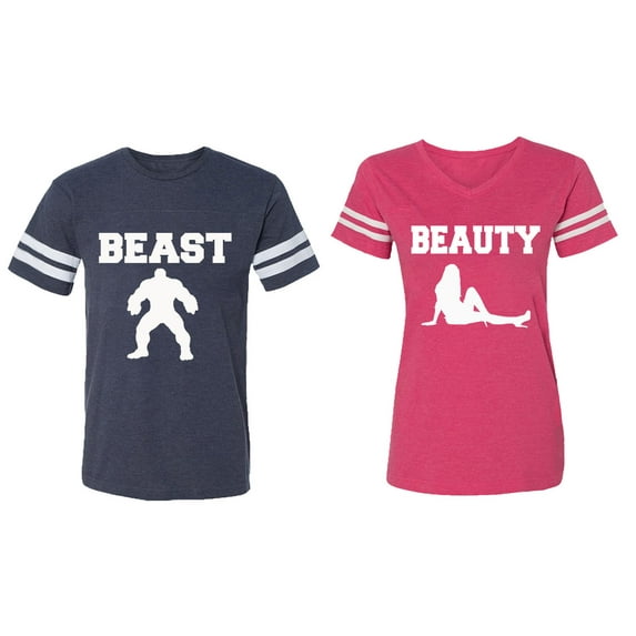 Beast Beauty Matching Couple Cotton Jerseys (Men Navy / Women Pink) (Men M / Women XXL)