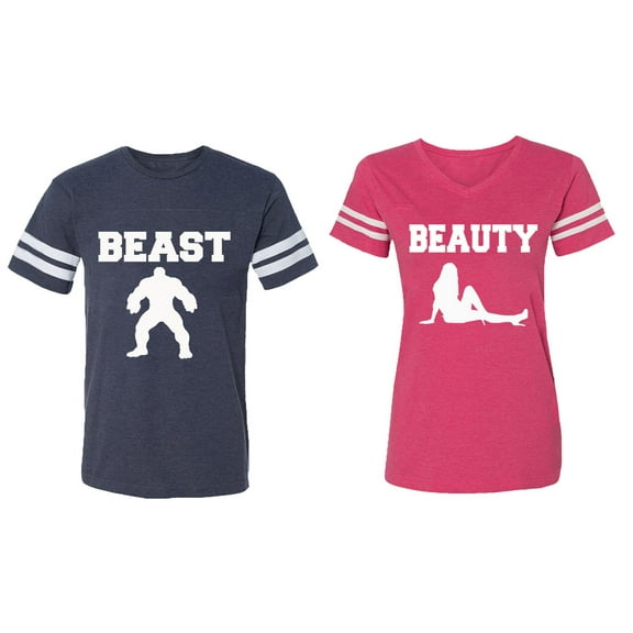 Beast Beauty Matching Couple Cotton Jerseys (Men Navy / Women Pink) (Men XL / Women L)