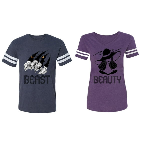 Beast Beauty Matching Couple Cotton Jerseys (Men Navy / Women Purple) (Men XL / Women XL)