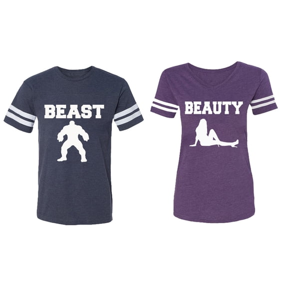 Beast Beauty Matching Couple Cotton Jerseys (Men Navy / Women Purple) (Men XXXL / Women XXL)