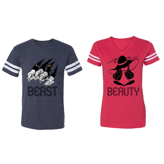 Beast Beauty Matching Couple Cotton Jerseys (Men Navy / Women Red) (Men XL / Women XXL)