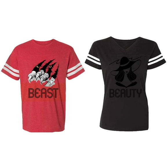 Beast Beauty Matching Couple Cotton Jerseys (Men Red / Women Black) (Men S / Women S)