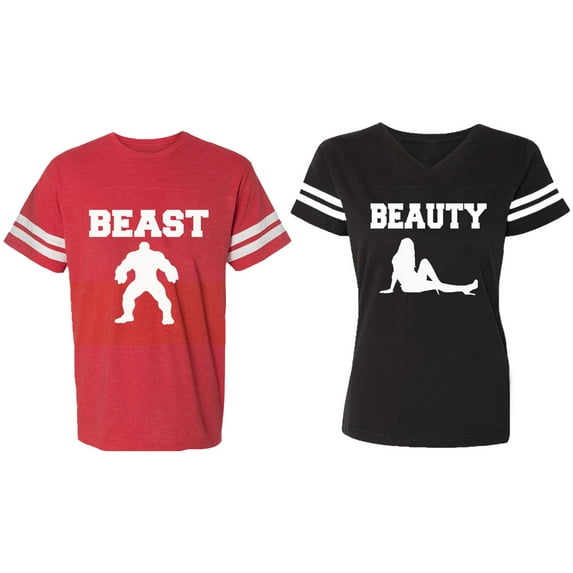 Beast Beauty Matching Couple Cotton Jerseys (Men Red / Women Black) (Men S / Women S)