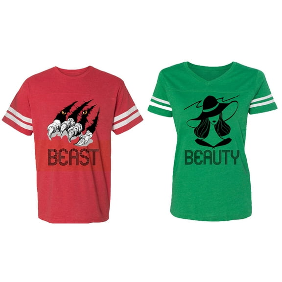 Beast Beauty Matching Couple Cotton Jerseys (Men Red / Women Green) (Men XL / Women XL)
