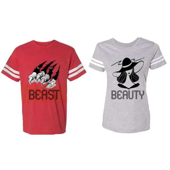 Beast Beauty Matching Couple Cotton Jerseys (Men Red / Women Heather) (Men XL / Women M)