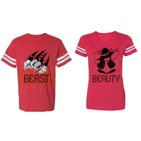 Beast Beauty Matching Couple Cotton Jerseys (Men Red / Women Red) (Men M / Women M)