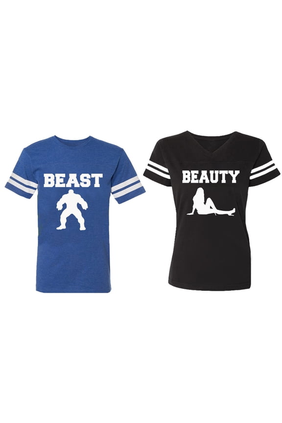 Beast Beauty Matching Couple Cotton Jerseys (Men Royal / Women Black) (Men S / Women S)