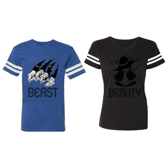 Beast Beauty Matching Couple Cotton Jerseys (Men Royal / Women Black) (Men XXL / Women XXL)