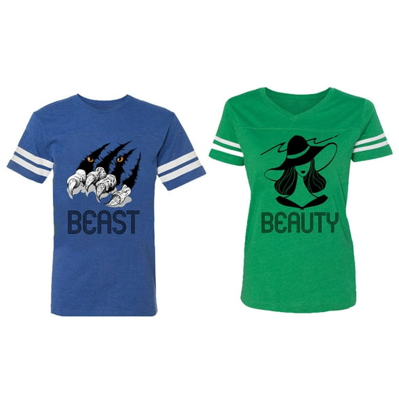 Beast Beauty Matching Couple Cotton Jerseys (Men Royal / Women Green) (Men XL / Women M)