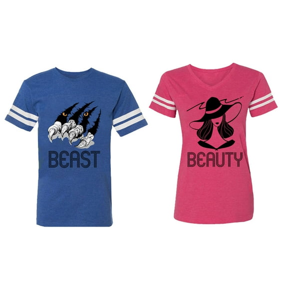 Beast Beauty Matching Couple Cotton Jerseys (Men Royal / Women Pink) (Men XL / Women S)