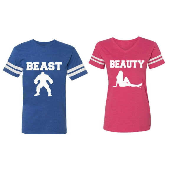 Beast Beauty Matching Couple Cotton Jerseys (Men Royal / Women Pink) (Men XXL / Women XL)