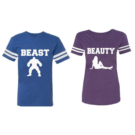 Beast Beauty Matching Couple Cotton Jerseys (Men Royal / Women Purple) (Men XL / Women S)