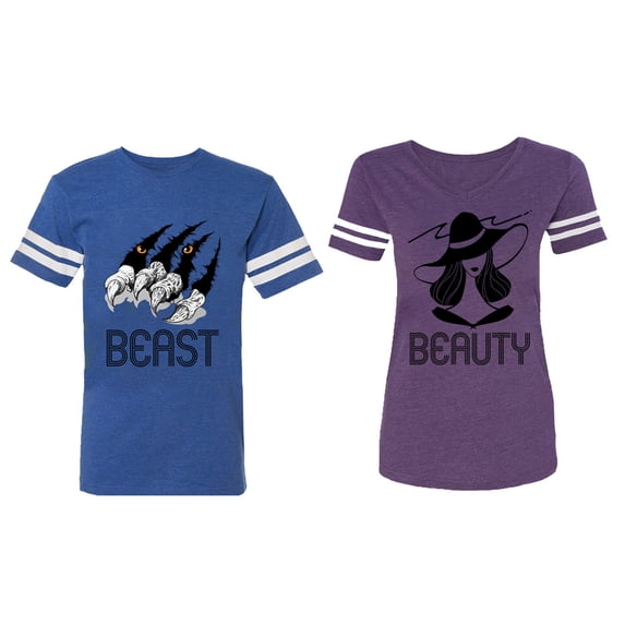 Beast Beauty Matching Couple Cotton Jerseys (Men Royal / Women Purple) (Men XXXL / Women XXL)