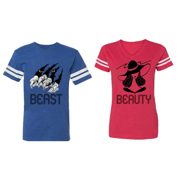Beast Beauty Matching Couple Cotton Jerseys (Men Royal / Women Red) (Men S / Women M)