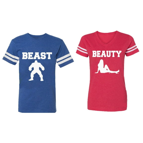 Beast Beauty Matching Couple Cotton Jerseys (Men Royal / Women Red) (Men S / Women XXL)