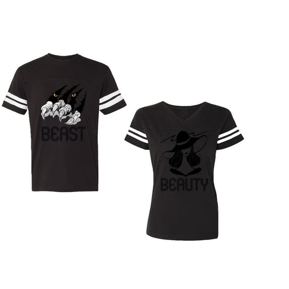 Beast Beauty Unisex Couple Matching Cotton Jersey style T-Shirt Contrasting stripes on sleeves (Men Black / Women Black) (Men L / Women L)