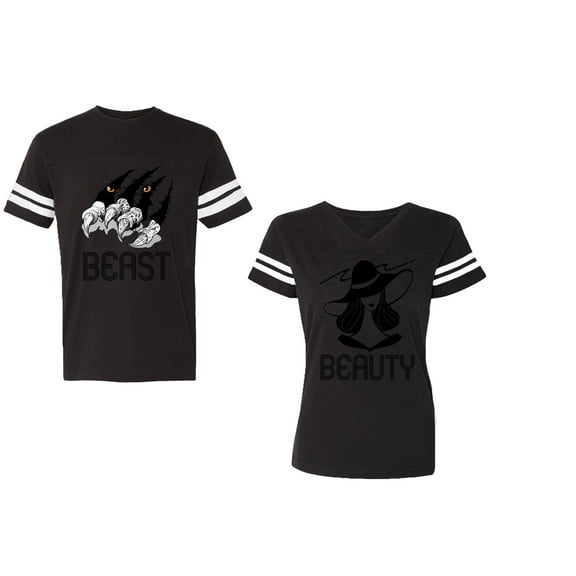 Beast Beauty Unisex Couple Matching Cotton Jersey style T-Shirt Contrasting stripes on sleeves (Men Black / Women Black) (Men L / Women XXL)