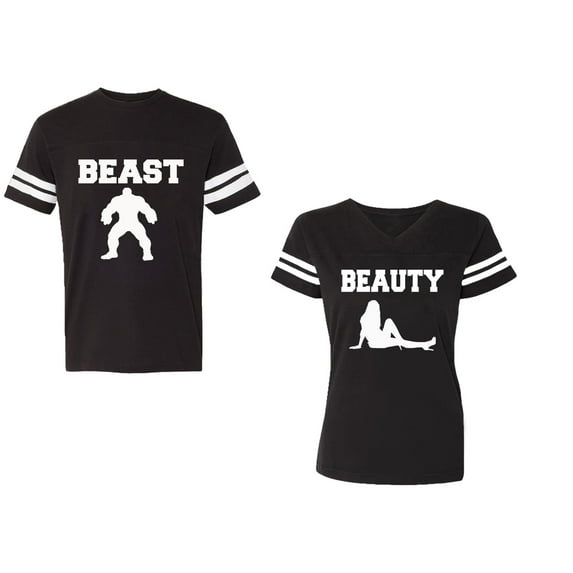 Beast Beauty Unisex Couple Matching Cotton Jersey style T-Shirt Contrasting stripes on sleeves (Men Black / Women Black) (Men S / Women M)