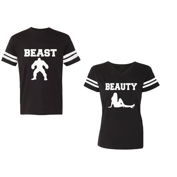 Beast Beauty Unisex Couple Matching Cotton Jersey style T-Shirt Contrasting stripes on sleeves (Men Black / Women Black) (Men S / Women S)