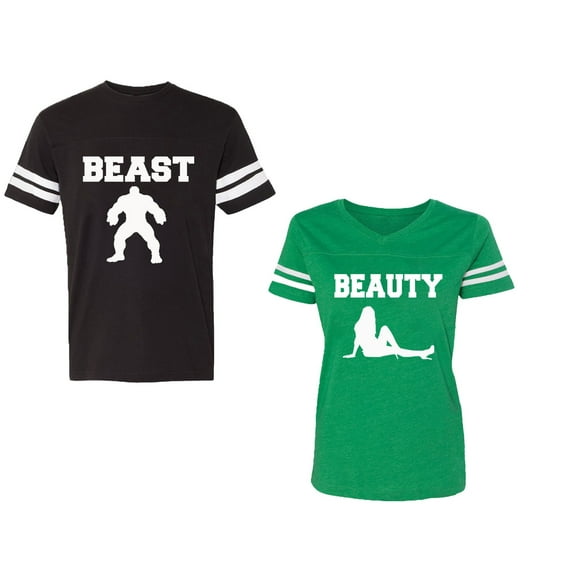 Beast Beauty Unisex Couple Matching Cotton Jersey style T-Shirt Contrasting stripes on sleeves (Men Black / Women Green) (Men S / Women XL)